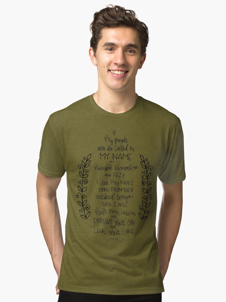 Thumbnail 1 of 6, Tri-blend T-Shirt, hand lettered scripture art - 2 Chronicles 7:14 designed and sold by SweetToTheSoul.
