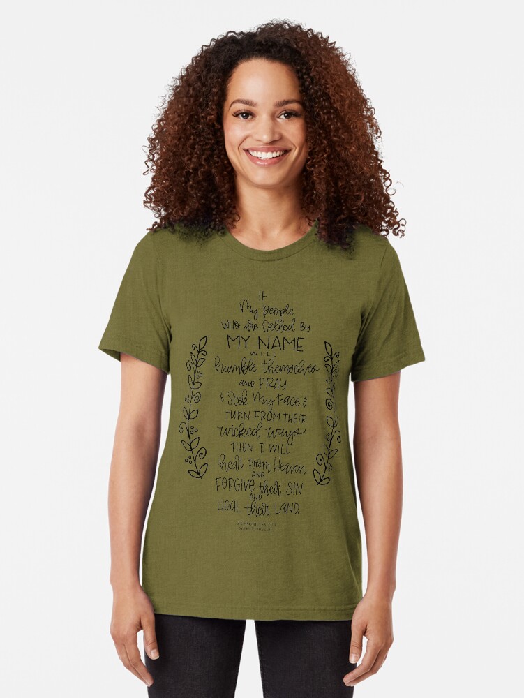 Thumbnail 2 of 6, Tri-blend T-Shirt, hand lettered scripture art - 2 Chronicles 7:14 designed and sold by SweetToTheSoul.