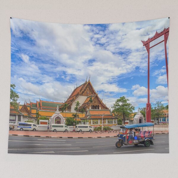 Item preview, A tuk tuk drives past the Giant Swing. Wat Suthat is in the background. Bangkok, Thailand designed and sold by Kevin Hellon.