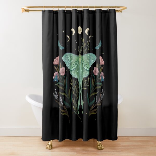 Boho Moon Phase Shower Curtain Watercolor Flower Butterfly For