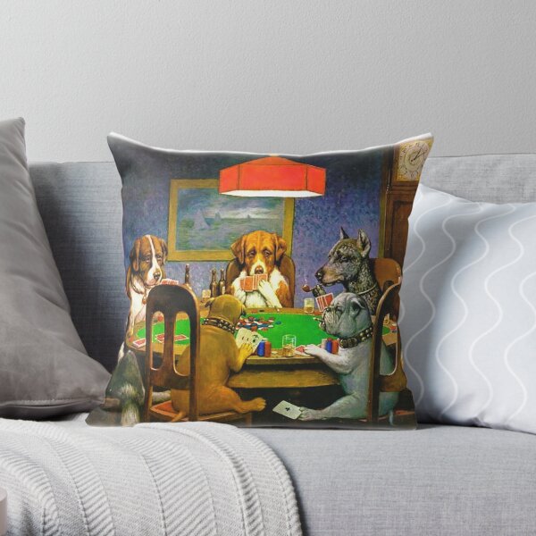 Bunch of Bluffing Dogs on a Poker Night Throw Pillow