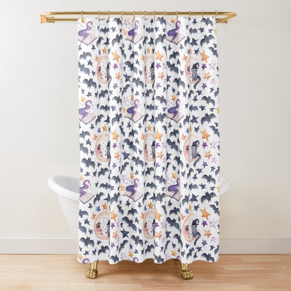 Black cat on the moon. Watercolor pattern for a merry Halloween. Shower Curtain