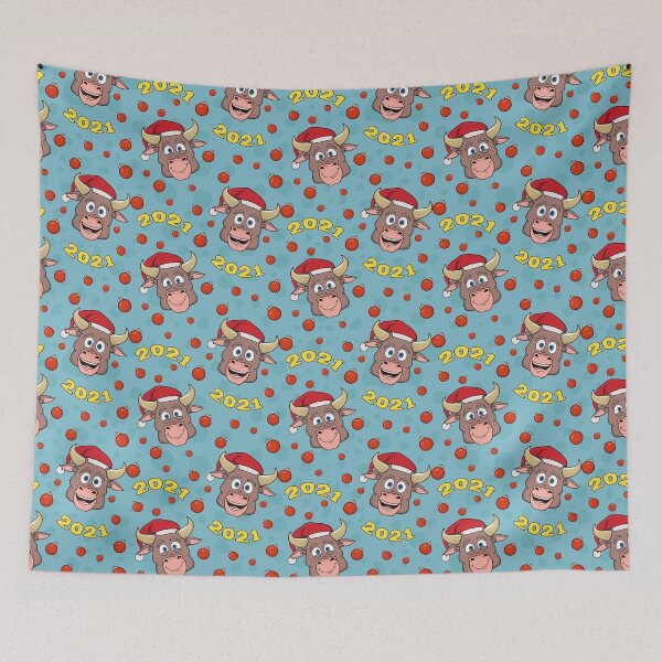 Item preview, pattern with christmas cartoon bull symbol 2021 on birch background designed and sold by kotart72.