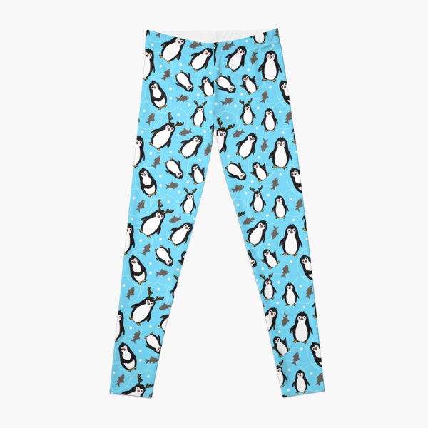 Cute Christmas Penguins Pattern on Ice Blue Leggings