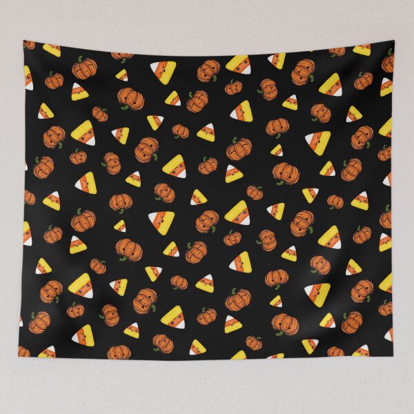 Item preview, Cute Candy Corn and Pumpkin Halloween pattern- black background designed and sold by Arthemeral.