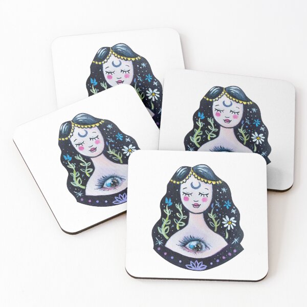 Item preview, Hand painted patch with love, groovy girl, moon witch, conscience eye and cosmic aura, stars, kawai girl, child head, mystical spiritual drawing yoga magic third pineal eye designed and sold by Mariuki Flow.
