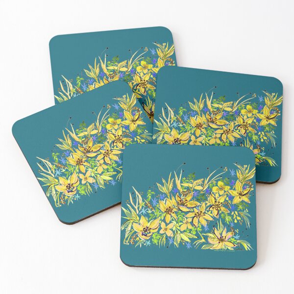 Hawaii Sings Yellow with Flowers Coasters (Set of 4)