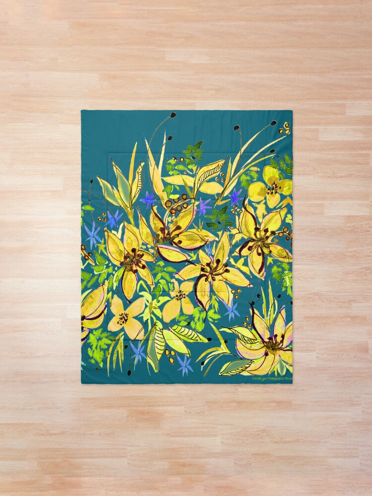 Alternate view of Hawaii Sings Yellow with Flowers Comforter