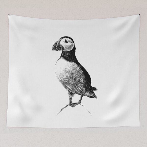 Item preview, Atlantic Puffin - wild seabird - black and white animal ink illustration designed and sold by LorenDowding.