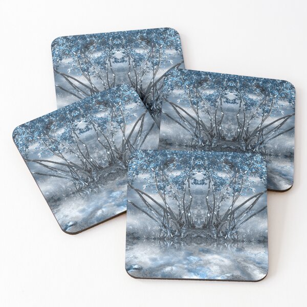 Item preview, Strange tree with curved branches and blue  leaves emerges from water, surreal monochromatic designed and sold by Flavio Vieri.