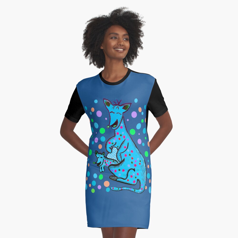Kangaroo with Baby Laughing Aqua Graphic T-Shirt Dress