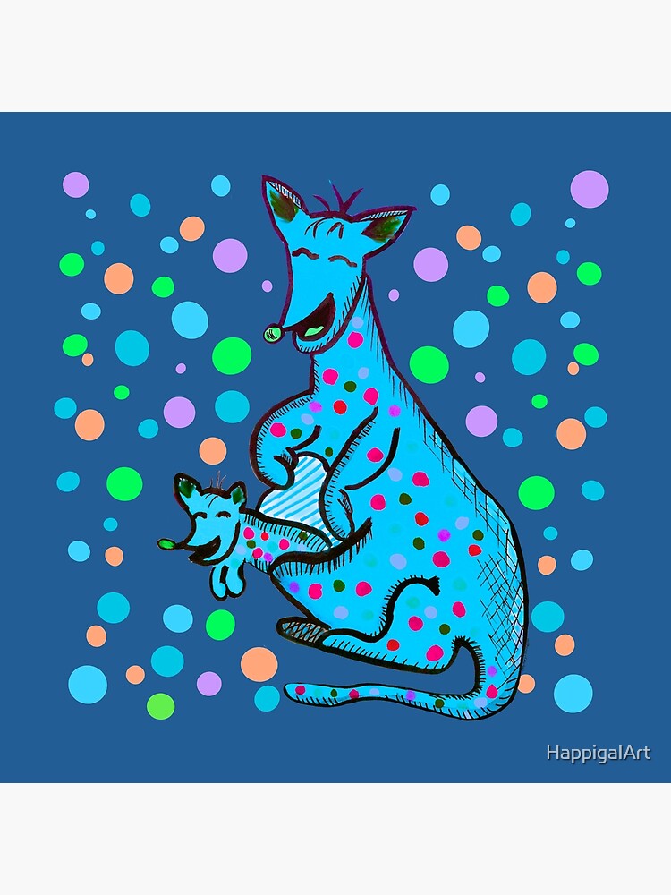 Kangaroo with Baby Laughing Aqua by HappigalArt