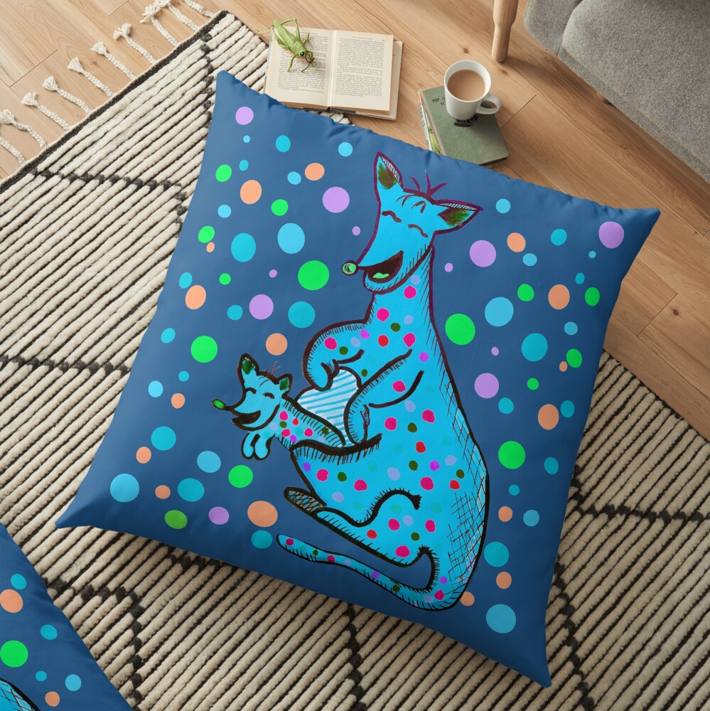 Kangaroo with Baby Laughing Aqua Floor Pillow