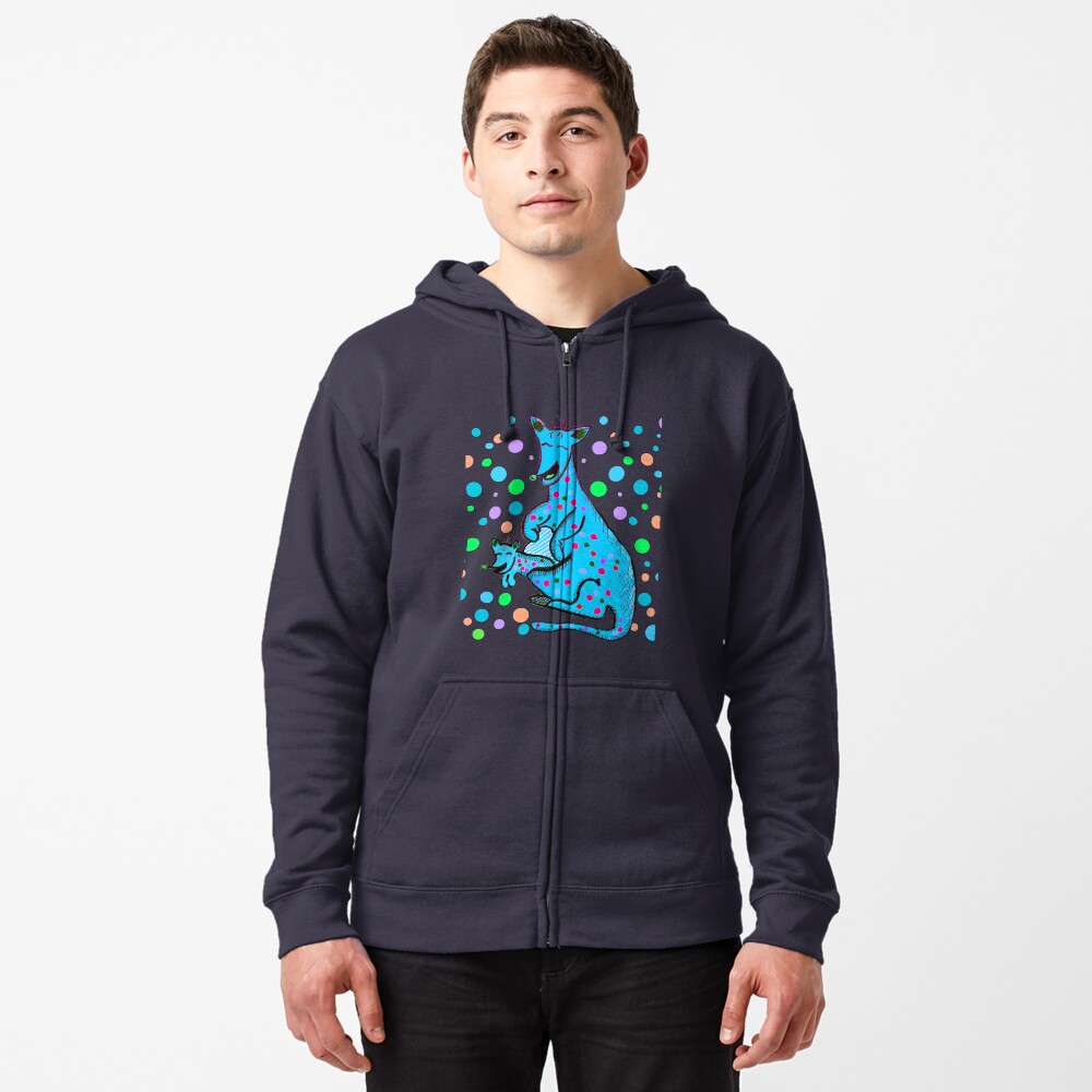 Kangaroo with Baby Laughing Aqua Zipped Hoodie