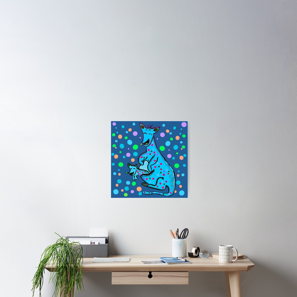 Kangaroo with Baby Laughing Aqua Poster