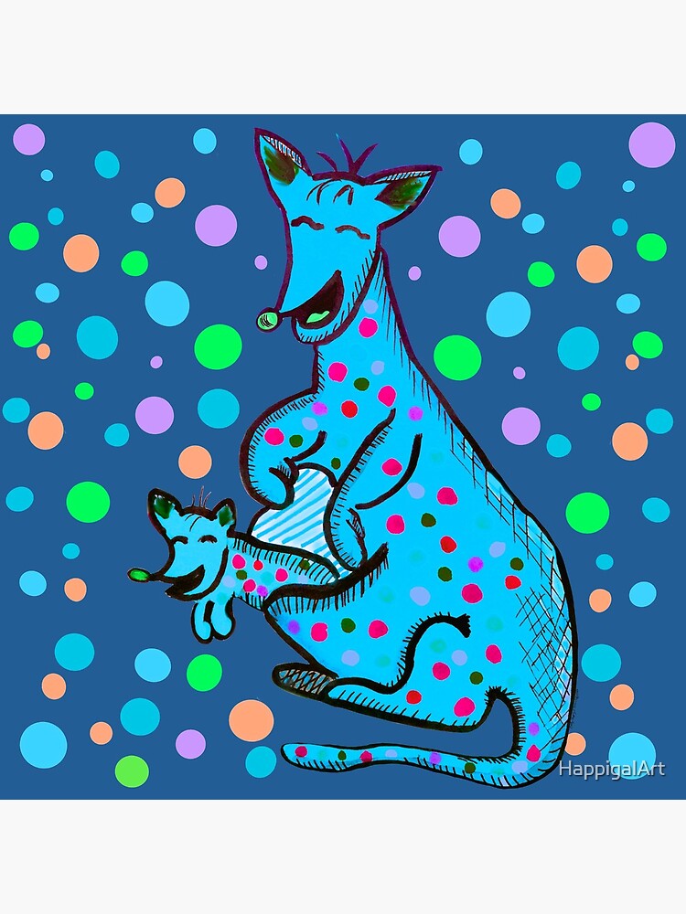 Kangaroo with Baby Laughing Aqua by HappigalArt