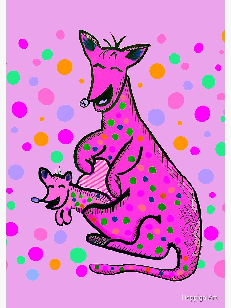 Kangaroo with Baby Laughing Pink by HappigalArt
