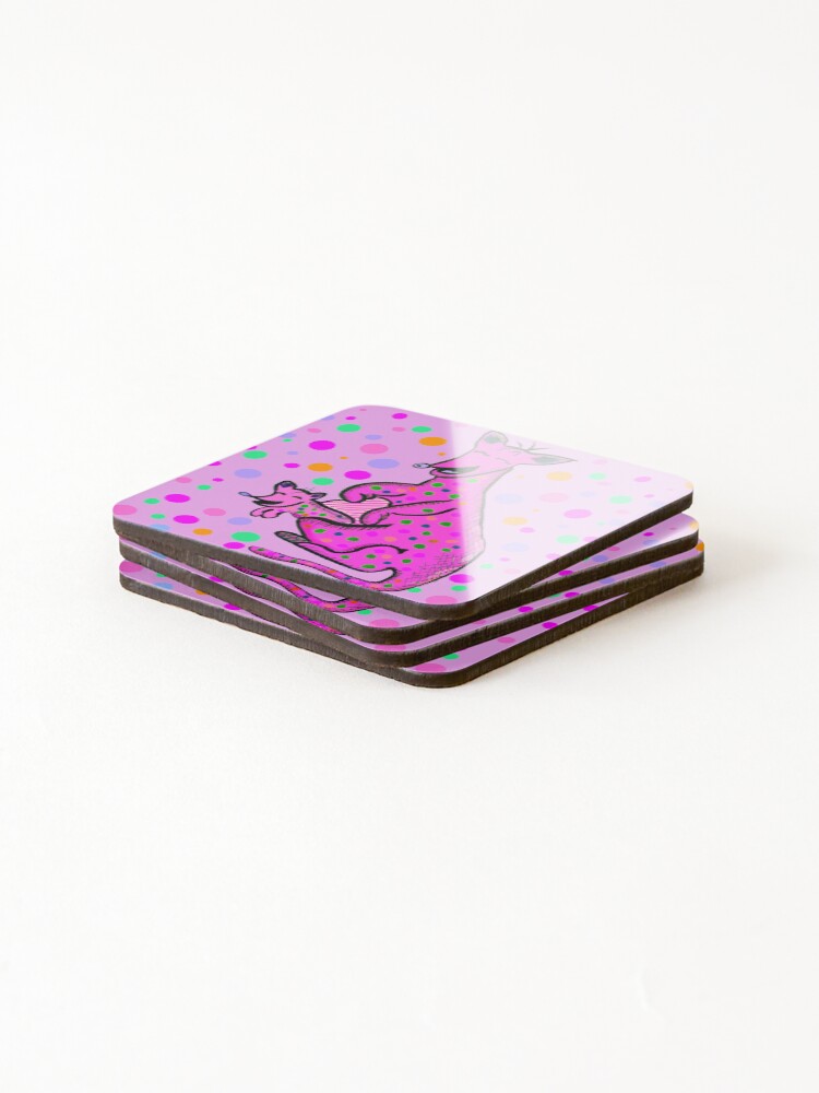 Thumbnail 4 of 5, Coasters (Set of 4), Kangaroo with Baby Laughing Pink designed and sold by HappigalArt.