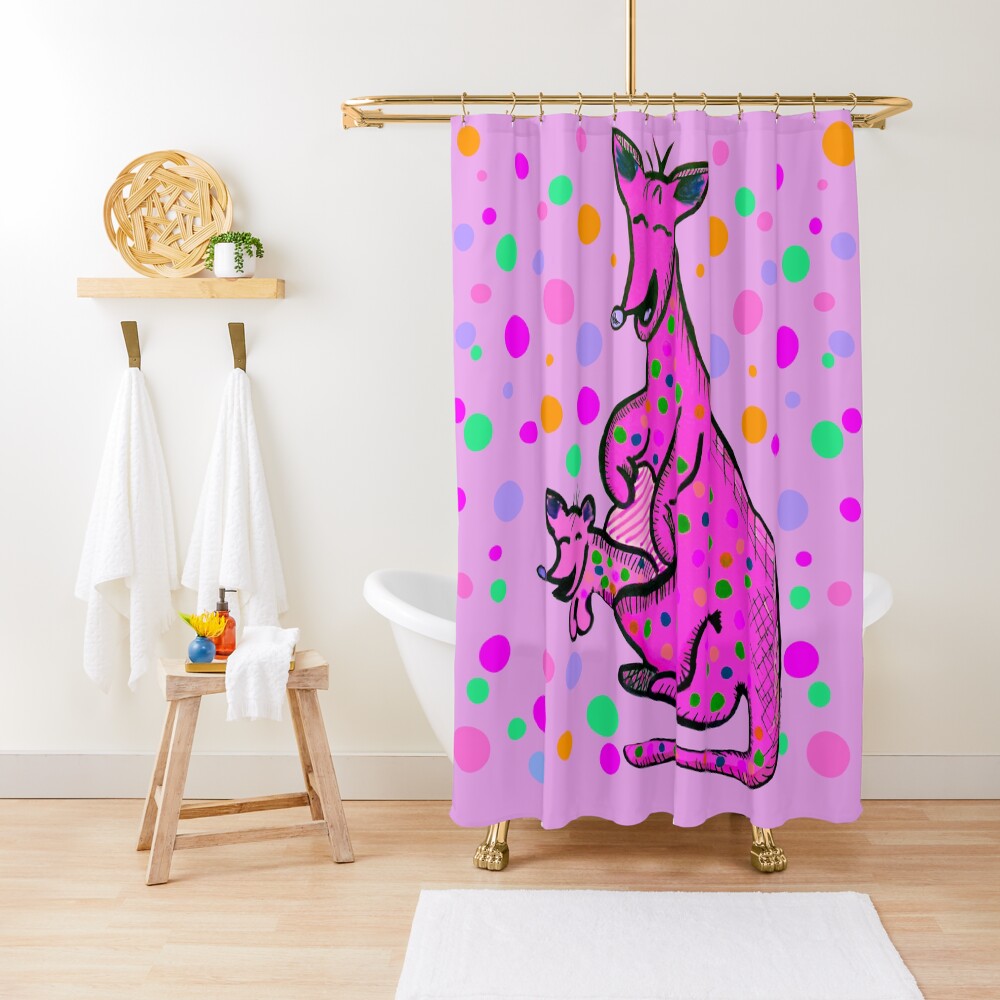 Kangaroo with Baby Laughing Pink Shower Curtain
