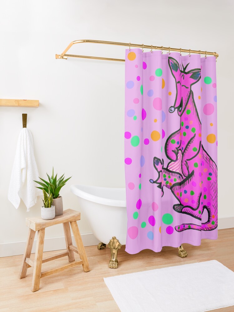 Alternate view of Kangaroo with Baby Laughing Pink Shower Curtain