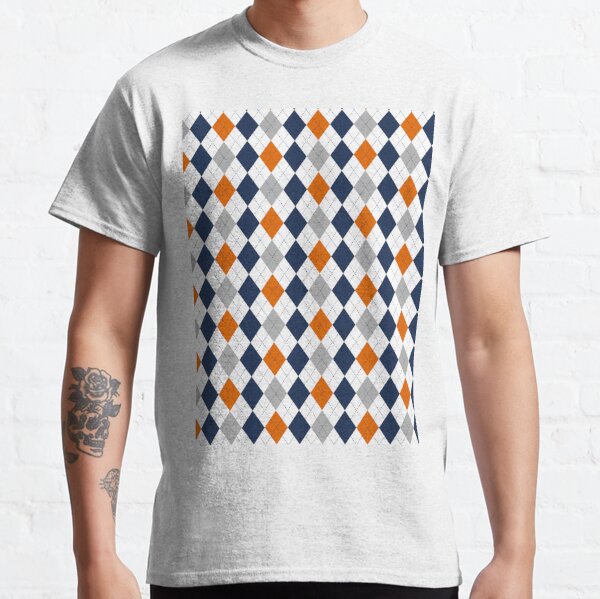 Navy Silver Orange and White Argyle Pattern Diamond Checks Classic T-Shirt