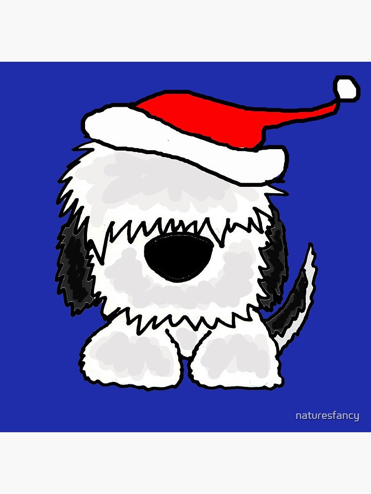 Old English Sheepdog Christmas Santa Hat Xmas Color Lights Poster