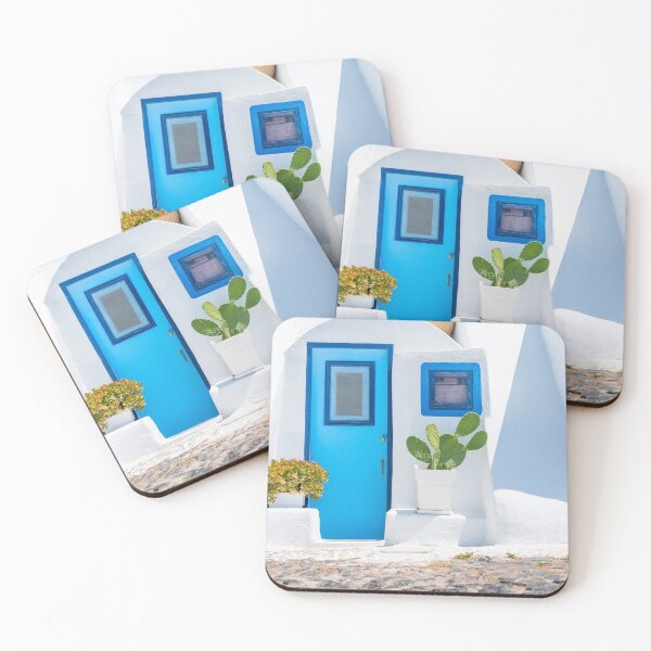 Item preview, White exterior Mediterranean style entrance with blue door designed and sold by Brian Scantlebury.