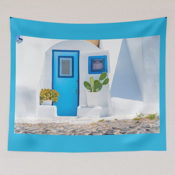 Item preview, White exterior Mediterranean style entrance with blue door designed and sold by Brian Scantlebury.