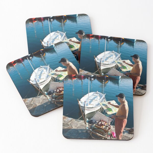 Item preview, artist painting anchovy boats at Collioure harbour. Vermilion coast, Languedoc-Roussillon, France. designed and sold by DavidMay.