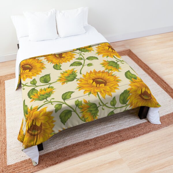 Printed Sunflower Field, Summer Sundress, Cream Background Comforter