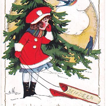 Artwork thumbnail, Vintage Christmas Card with Girl, Sled and Evergreen by Douglas E. Welch Design and Photography