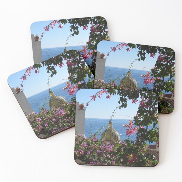 Item preview, Steps down in to Positano, Amalfi Coast, Italy - blue sky, blue ocean, golden church dome, pink flowers, terracotta tiles designed and sold by JellyBeenzz.