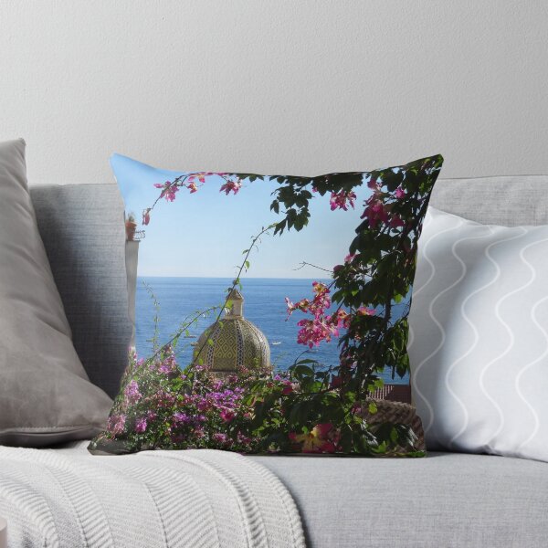 Item preview, Steps down in to Positano, Amalfi Coast, Italy - blue sky, blue ocean, golden church dome, pink flowers, terracotta tiles designed and sold by JellyBeenzz.