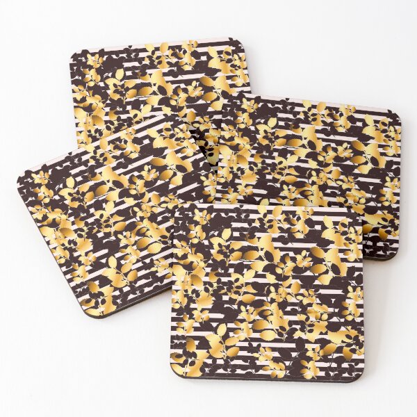 Item preview, Black and vibrant golden leaves on black pink stripes  designed and sold by GittaG74.