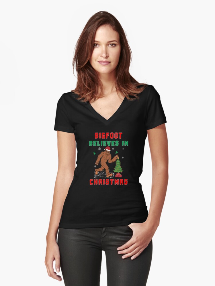 Thumbnail 1 of 3, Fitted V-Neck T-Shirt, Bigfoot Believes in Christmas funny Squatchy Beast. designed and sold by maxxexchange.