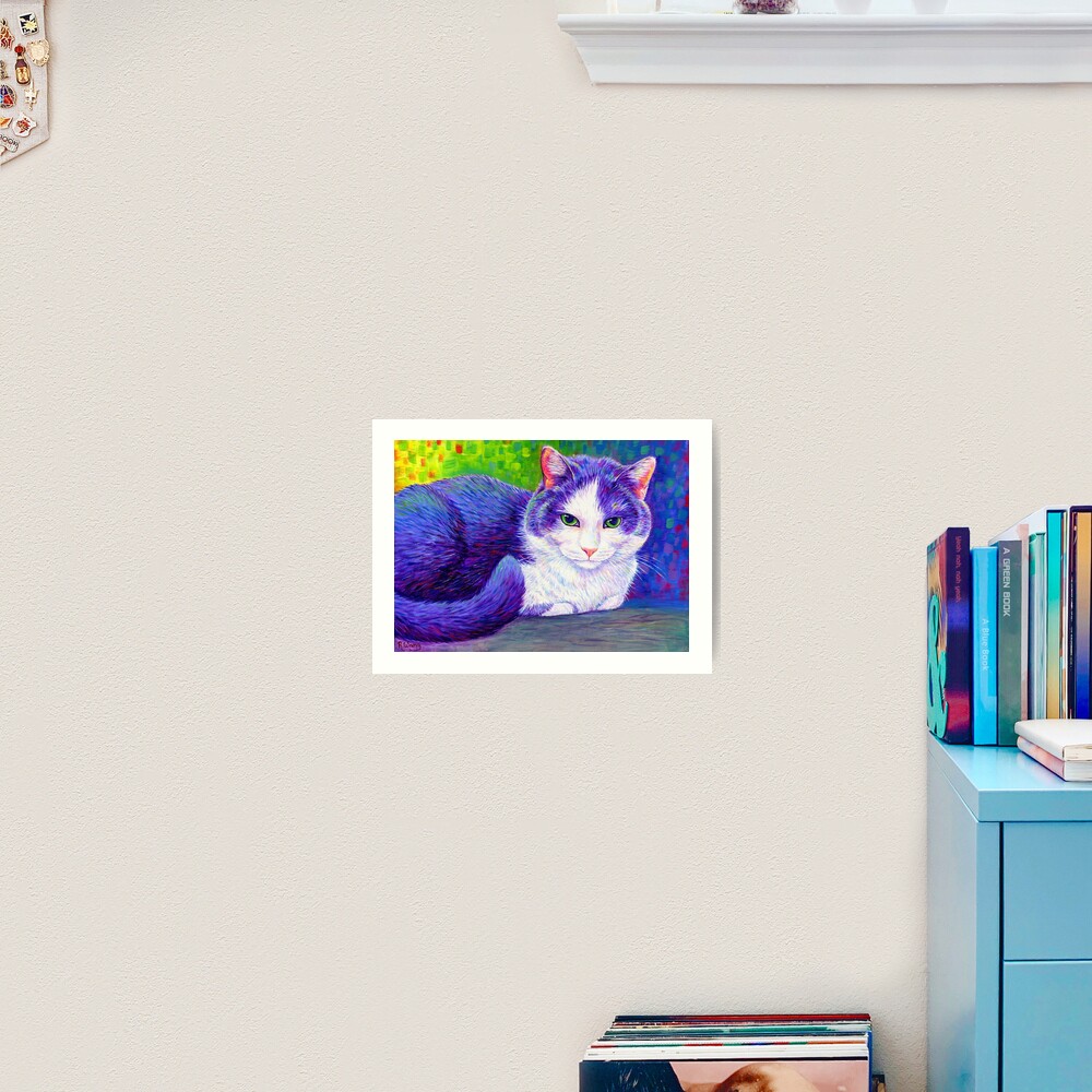 Colorful Grey and White Tuxedo Cat Art Print
