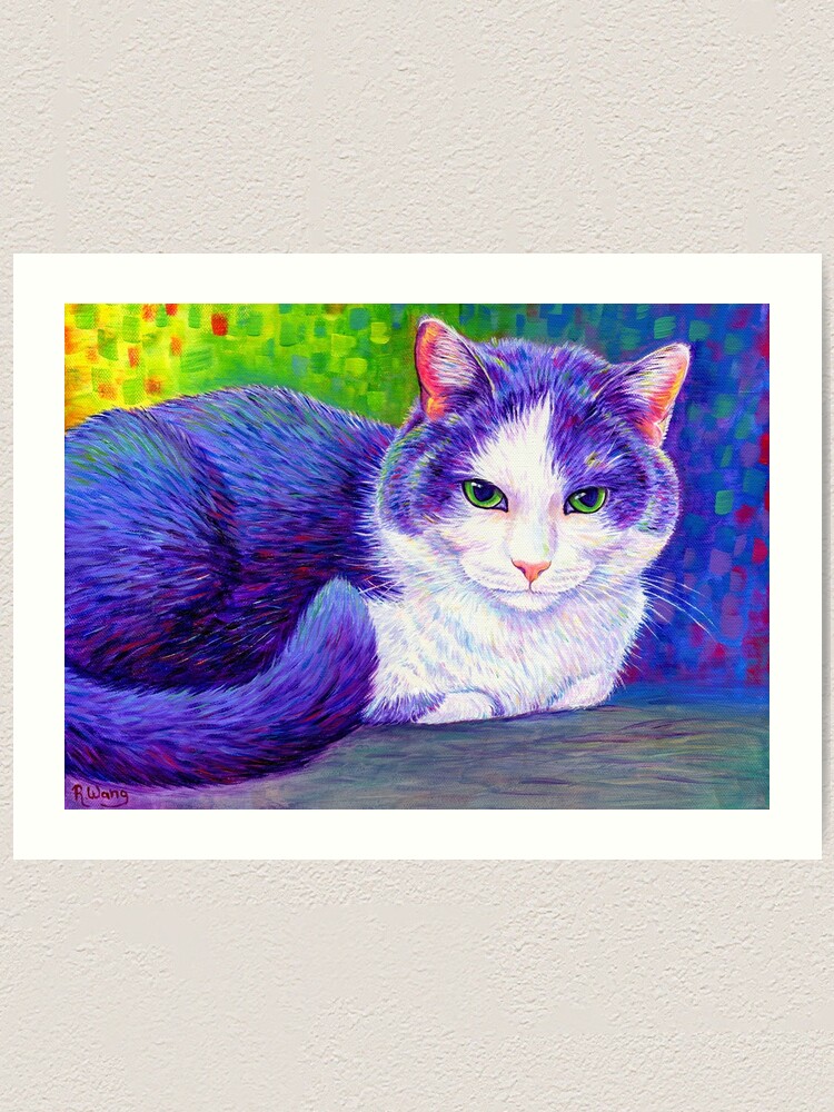 Alternate view of Colorful Grey and White Tuxedo Cat Art Print