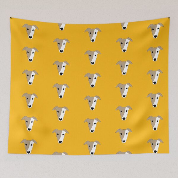 Item preview, Dark fawn greyhound with white mask on orange background designed and sold by houndpixnz.