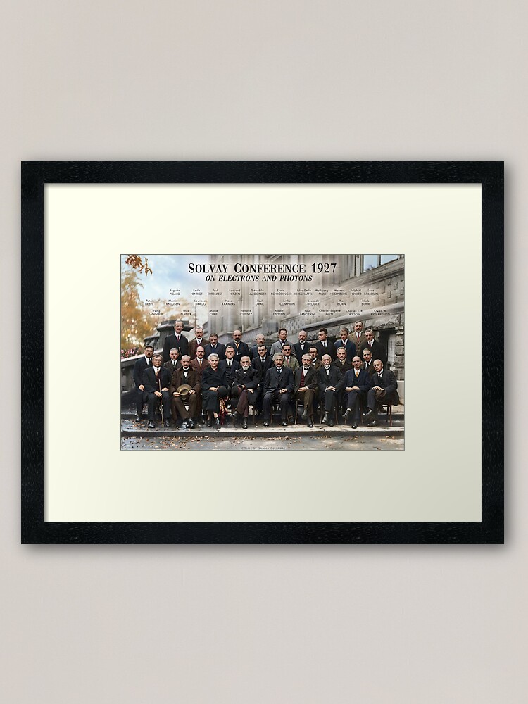 Alternative Ansicht von Plakat der Solvay-Konferenz 1927. Einstein, Curie, Bohr und mehr. Gerahmter Kunstdruck