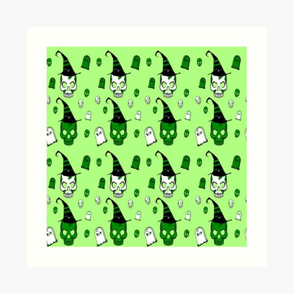 Skull with hat on green Art Print