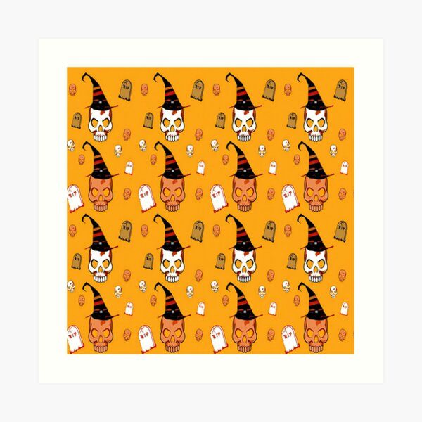 Skull with hat on orange Art Print