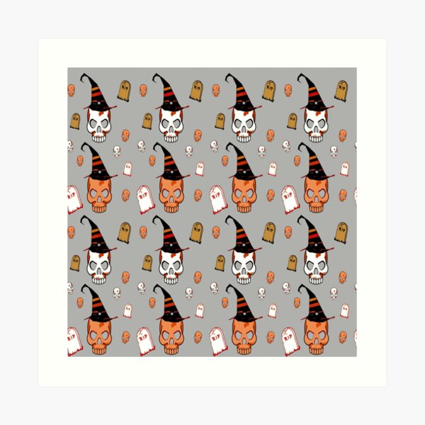 Skull with hat on grey Art Print
