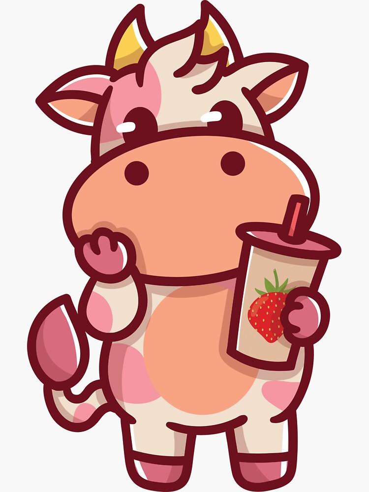 "Strawberry Cow, Pink Cute Baby Cow with Strawberry Milk" Sticker by