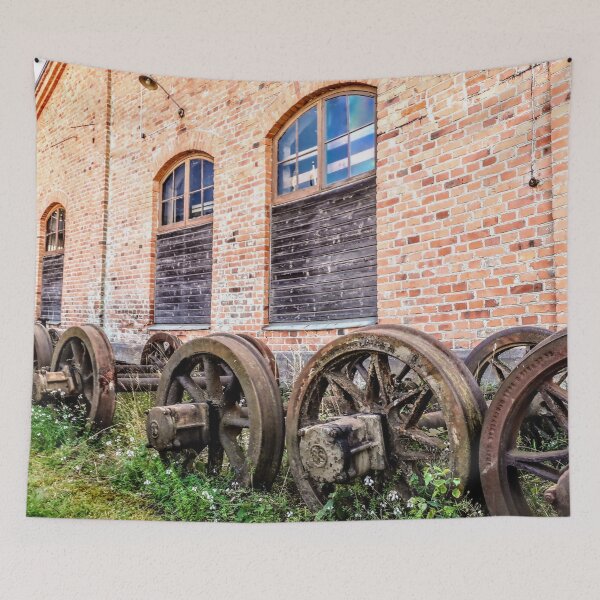 Item preview, Old train wheels near the industrial building designed and sold by Tanja Dianova.