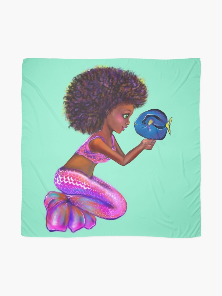 Black anime mermaid with blue tang fish, beautiful black girl with Afro  hair, green eyes, Cherry pink lips and dark brown skin. Hair love ! | Scarf