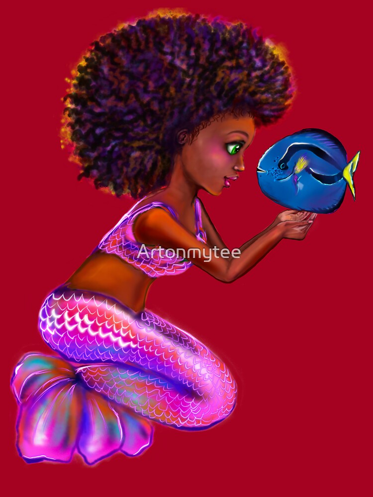 Best fishing gifts for fish lovers 2022. anime mermaid with blue tang fish  and bubbles. Pretty black and white girls with Afro hair, green eyes,  Cherry pink lips and dark brown skin.