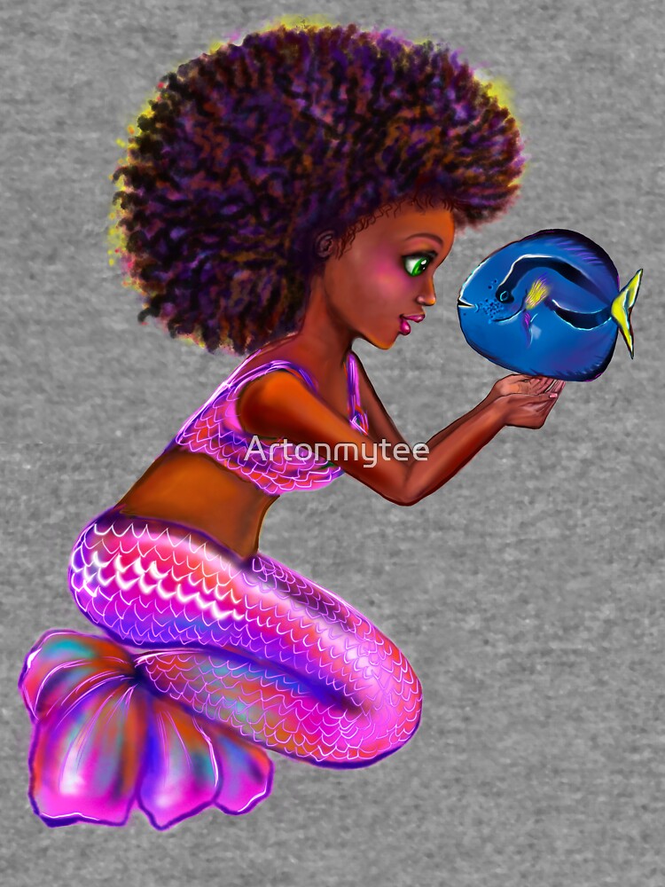 Black anime mermaid with blue tang fish, beautiful black girl with