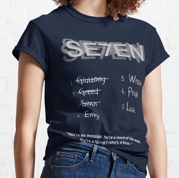 Vista previa del artículo con la obra «Se7en dirigida por David Fincher con Brad Pitt y Morgan Freeman, 1995», diseñado y vendido por cinemadnesshirt.