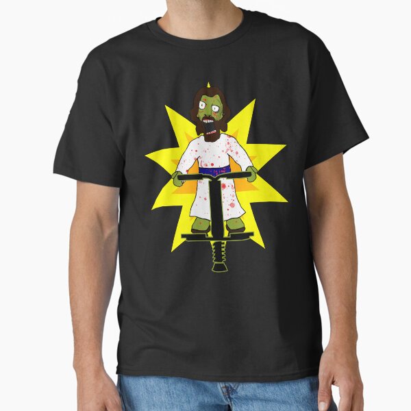 Creepy Zombie Jesus on a pogo stick! Funny halloween Horror creepy zombie jesus brains atheist agnostic humor gift idea Classic T-Shirt