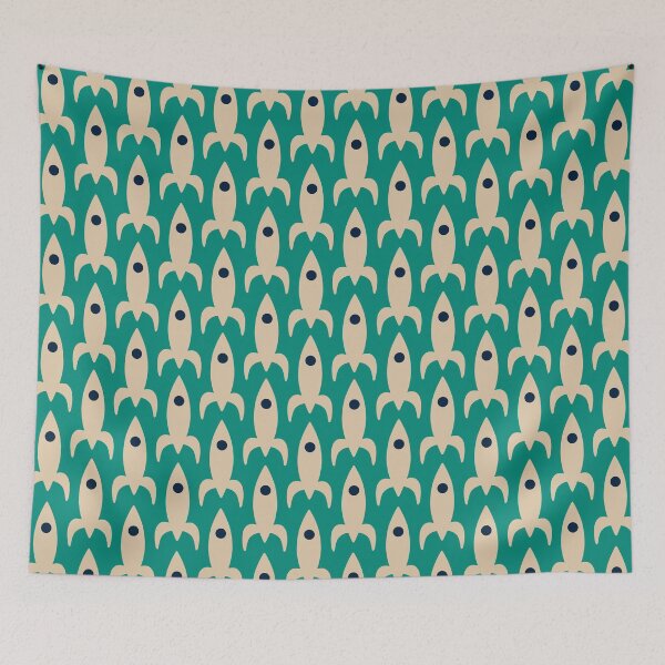 Item preview, Space Age Rocket Ships - Mid-Century Modern Atomic Age Pattern in Mid Mod Beige and Teal designed and sold by kierkegaard.